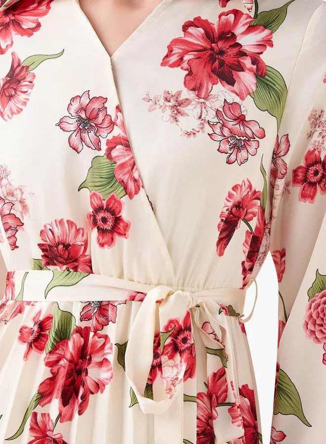 Splash FAV  Midi Satin Wrap Dress with Floral Print for Women | Best Price UAE